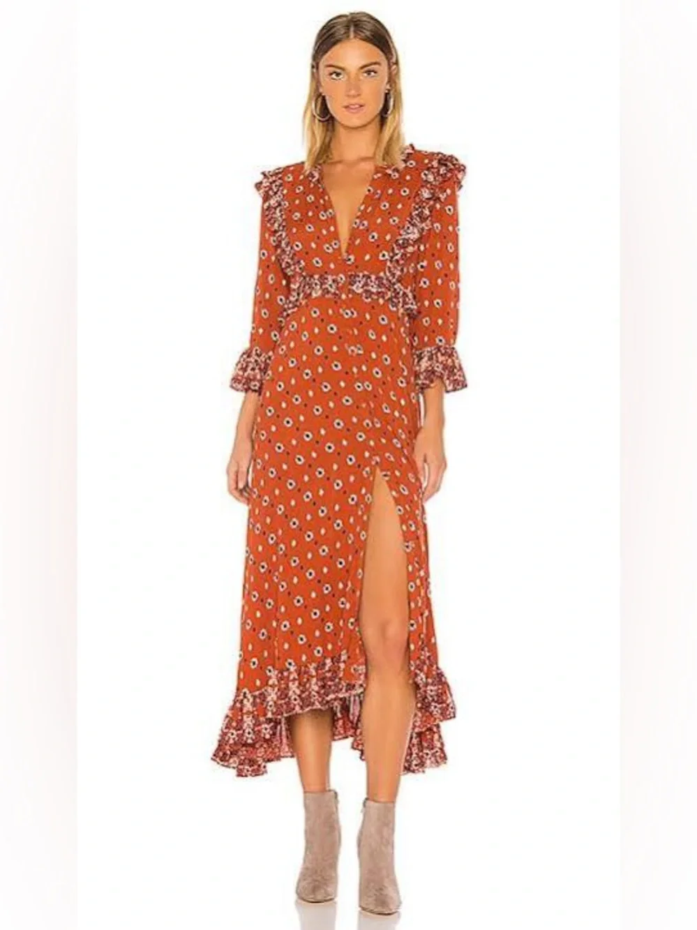 Free People Calico Skies Rust Floral Boho Longline Duster XS